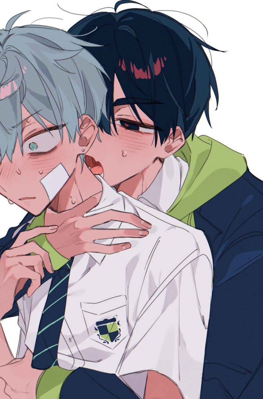 2boys, alien_stage, black_eyes, black_hair, black_jacket, blush, collared_shirt, commentary_request, diagonal-striped_clothes, diagonal-striped_necktie, fang, gauze, gauze_on_cheek, green_eyes, green_hoodie, grey_hair, highres, hood, hoodie, hug, hug_from_behind, imminent_bite, ivan_(alien_stage), jacket, jacket_over_hoodie, kikurage_ii, long_sleeves, male_focus, multiple_boys, necktie, official_alternate_costume, red_pupils, school_uniform, shirt, short_hair, short_sleeves, skin_fang, striped_clothes, sweat, till_(alien_stage), very_short_hair, white_shirt, yaoi