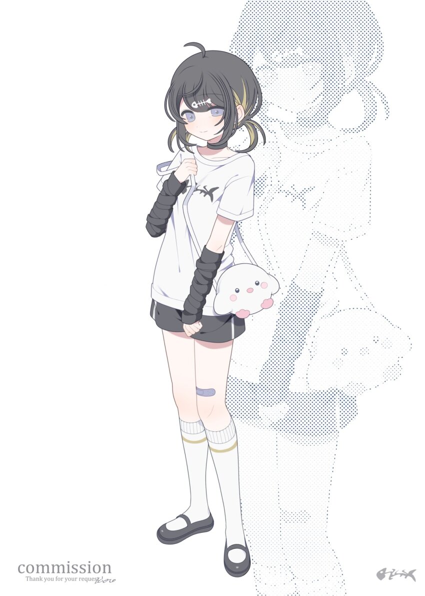 1girl, ahoge, arm_warmers, bag, bandaid_on_thigh, black_arm_warmers, black_choker, black_hair