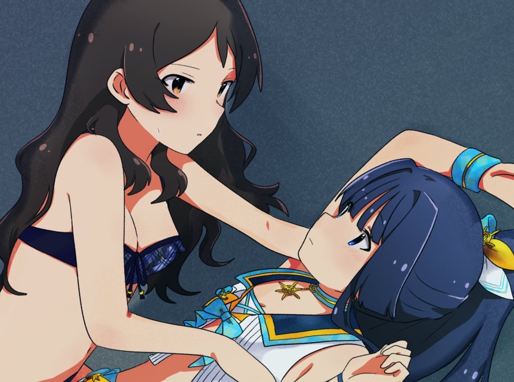 2girls, all_fours, bikini, black_hair, blue_bikini, blue_choker, blue_eyes, blue_hair