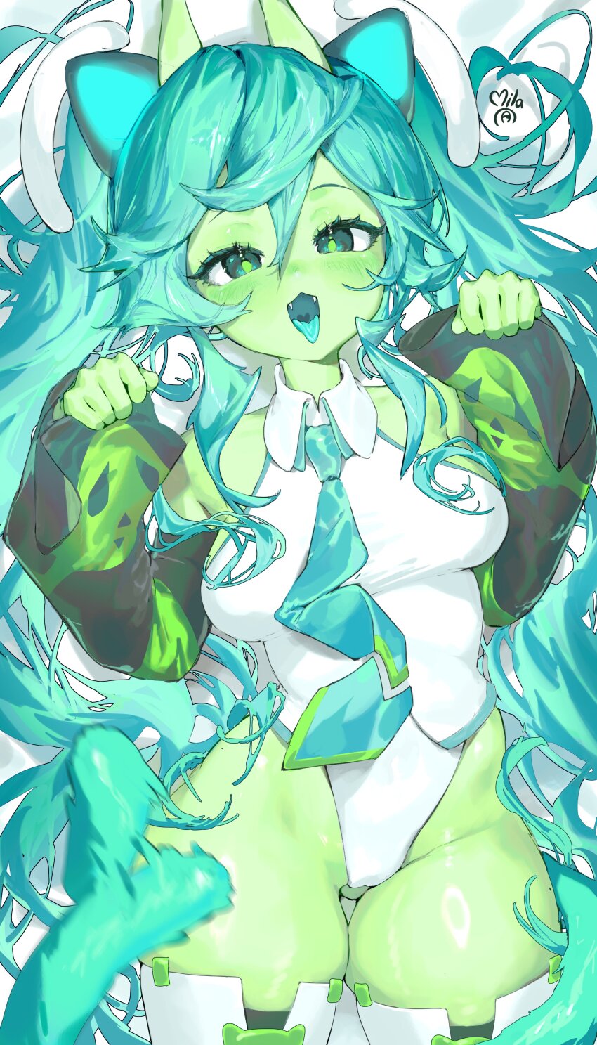 absurdres, animal_ears, aqua_hair, cameltoe, cat_ears, cat_tail, colored_skin, fangs