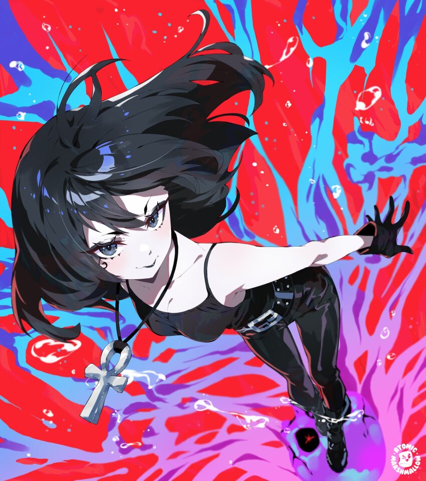 1girl, atomicmrshmallw, black_gloves, black_hair, breasts, collarbone, death_of_the_endless, floating_hair