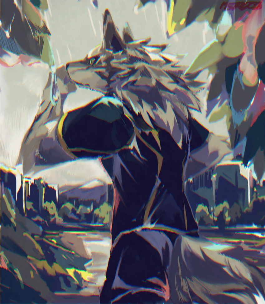 1boy, animal_ears, black_pants, black_sclera, black_shirt, closed_mouth, colored_sclera, commentary_request