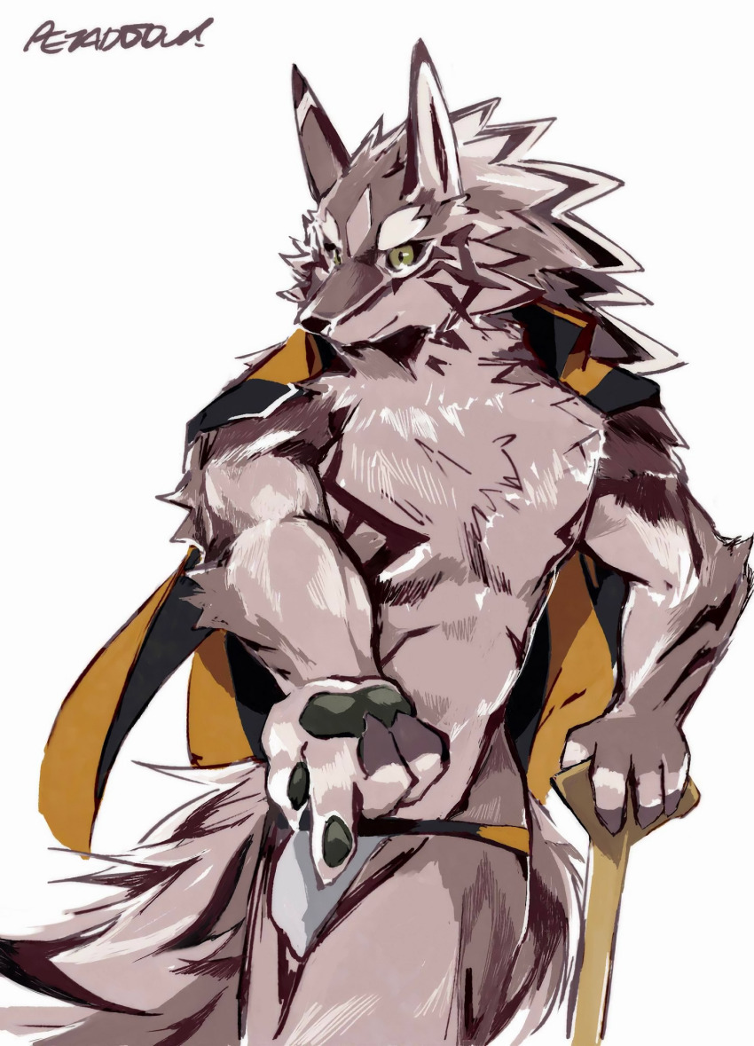 1boy, animal_ears, artist_name, black_sclera, claws, closed_mouth, colored_sclera, commentary_request, furry, furry_male, green_eyes, highres, jackal_boy, jackal_ears, jackal_tail, male_focus, male_underwear, pawpads, petadodu, seth_(housamo), signature, smile, tokyo_houkago_summoners, underwear, white_background, white_male_underwear