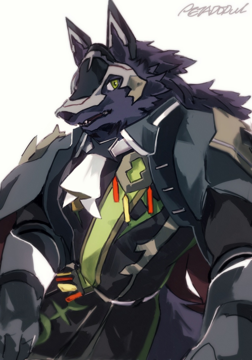 1boy, animal_ears, artist_name, ascot, commentary_request, fangs, furry, furry_male