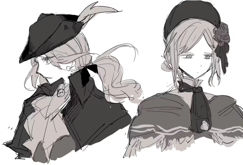 1boy, 1girl, ascot, black_ascot, black_bonnet, black_bow, black_coat, black_hat, bloodborne, bonnet, bow, closed_mouth, coat, collared_coat, collared_shirt, cropped_torso, dot_nose, expressionless, eyelashes, flower, fringe_trim, grey_ascot, grey_eyes, grey_hair, grey_robe, grey_shawl, grey_shirt, grey_vest, hair_bow, hair_bun, hair_flower, hair_ornament, hat, hat_feather, high_collar, highres, hunter_(bloodborne), light_frown, long_hair, looking_ahead, maodebohe, open_clothes, open_coat, parted_lips, plain_doll, ponytail, robe, shawl, shirt, short_hair, simple_background, single_hair_bun, sketch, updo, vest, wavy_hair, white_background