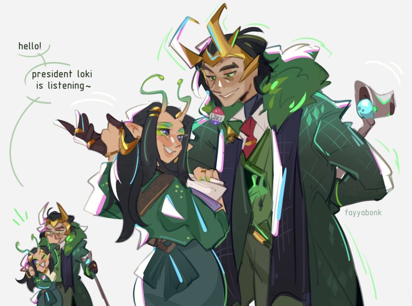 1boy, 1girl, alien, animification, antennae, avengers_(series), black_hair, cape, fayyabonk, formal_clothes, green_eyes, guardians_of_the_galaxy, highres, loki_(marvel), long_hair, long_sleeves, looking_at_another, mantis_(marvel), marvel, marvel_rivals, medium_hair, necktie, open_mouth, president, short_hair, smile