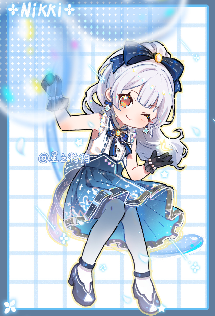 1girl, artist_name, back_bow, bare_shoulders, bead_bracelet, beads, black_footwear, black_gloves