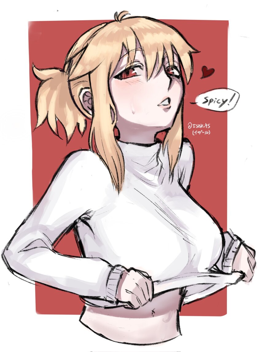 ahoge, alternate_hairstyle, arcueid_brunestud, belaweb123, blonde_hair, blush, breasts, english_text, highres, lifting_own_clothes, navel, ponytail, red_eyes, seductive_smile, smile, sweat, sweater, tsukihime, type-moon