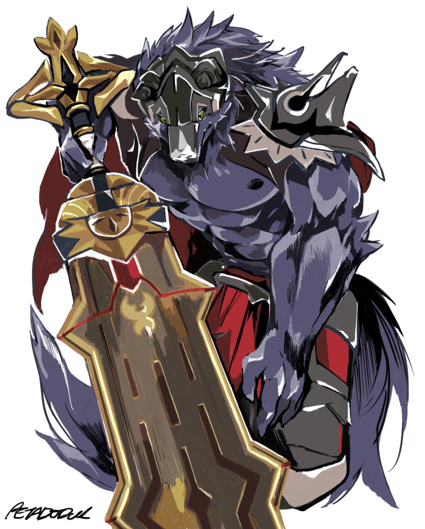 1boy, abs, animal_ears, artist_name, bara, commentary_request, furry, furry_male