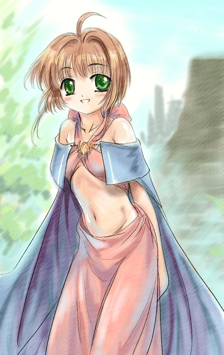 1girl, ahoge, bare_shoulders, belly_dancer, brown_hair, cape, cardcaptor_sakura, child
