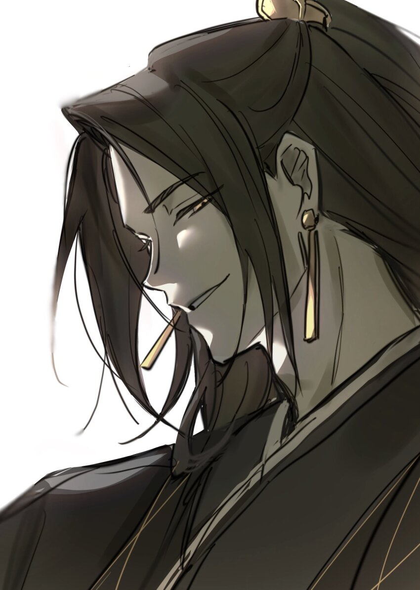 1boy, black_hair, chinese_clothes, earrings, gold_earrings, grin, half_updo, high_ponytail