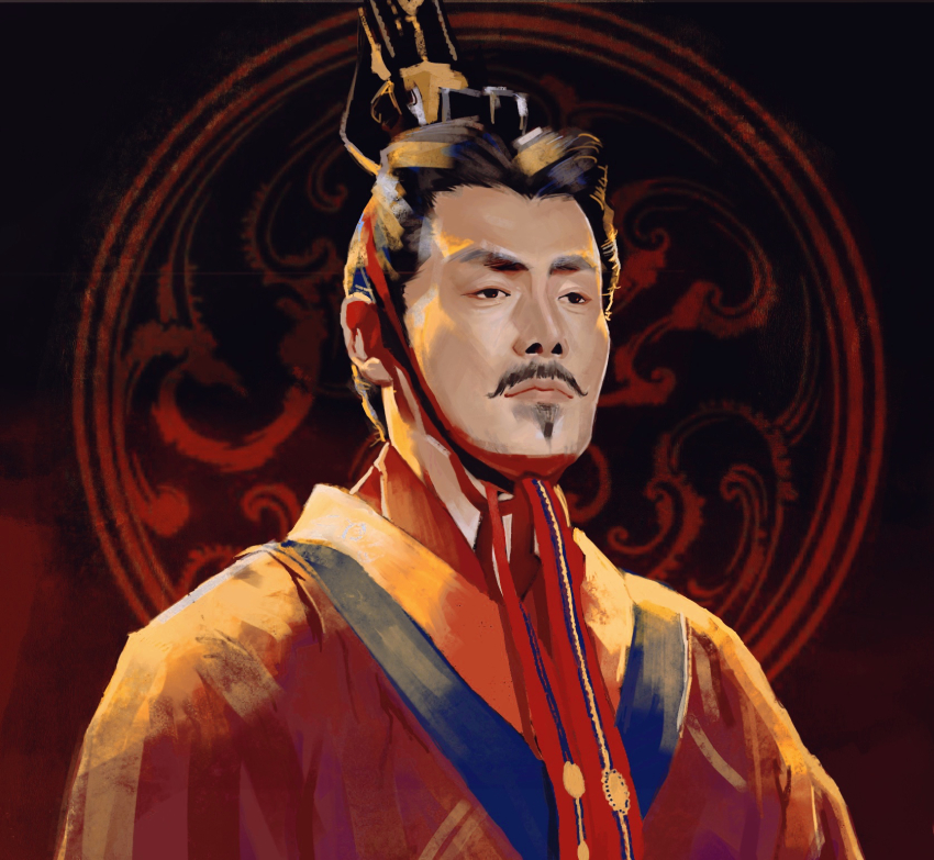 1boy, black_hair, chinstrap, chinese_clothes, chinese_empire, emperor_wu_of_han, facial_hair, goatee, han_dynasty, hanfu, highres, looking_at_viewer, male_focus, mustache, orange_robe, original, portrait, robe, solo, xiao_guan_(headdress), yan-c