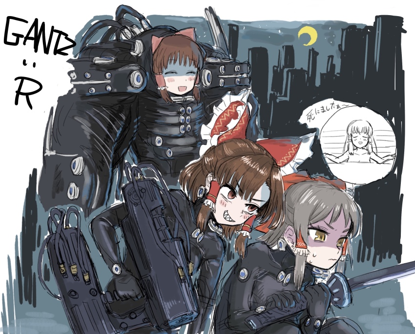 4girls, benikurage_(cookie), black_bodysuit, bodysuit, bow, brown_eyes, brown_hair, closed_mouth