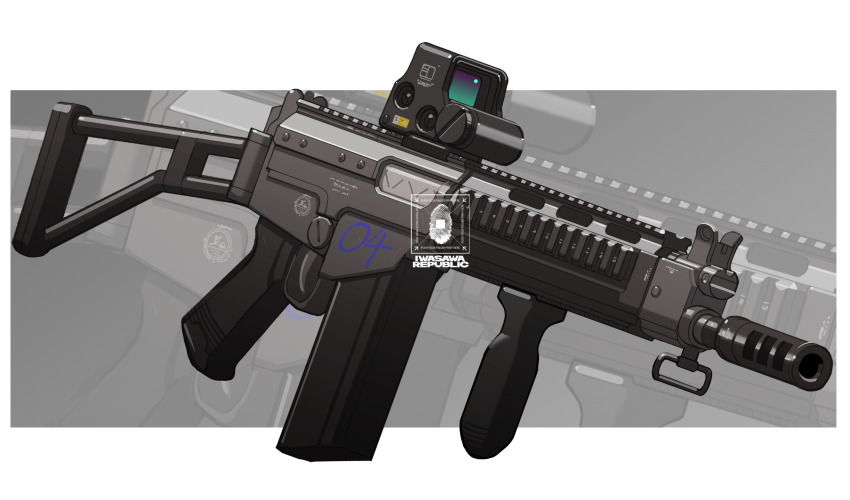 absurdres, artist_name, battle_rifle, border, dsa_sa58_osw, eotech, gun, highres