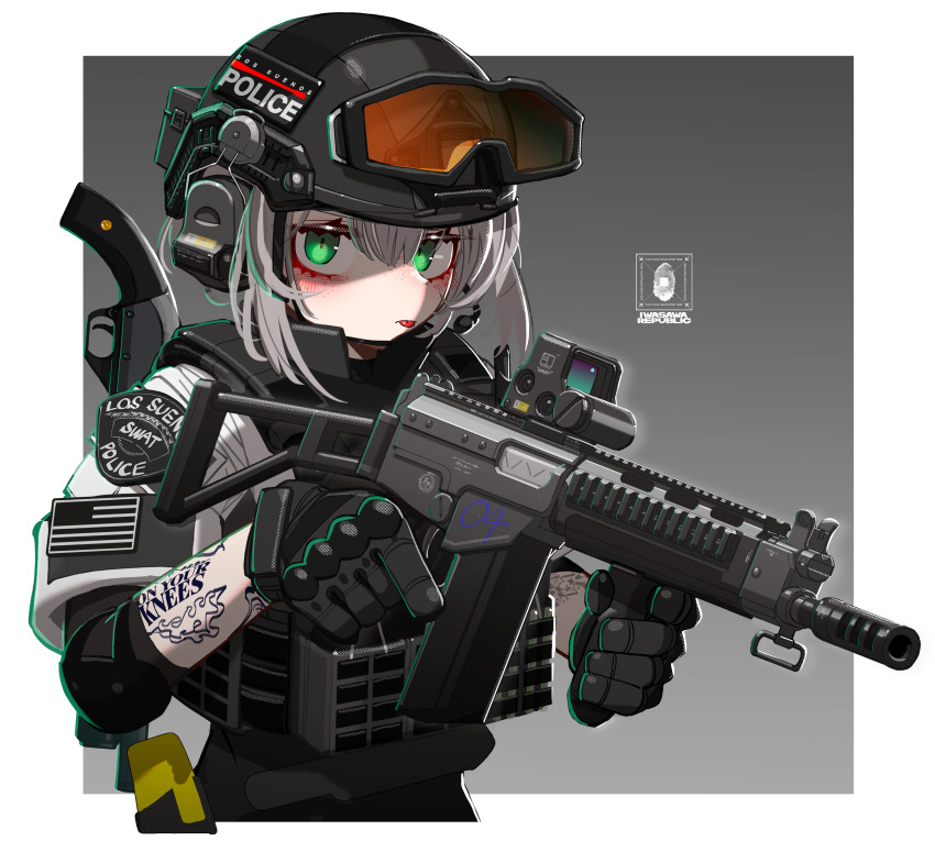 1girl, absurdres, american_flag, arm_tattoo, artist_name, battle_rifle, border, dsa_sa58_osw