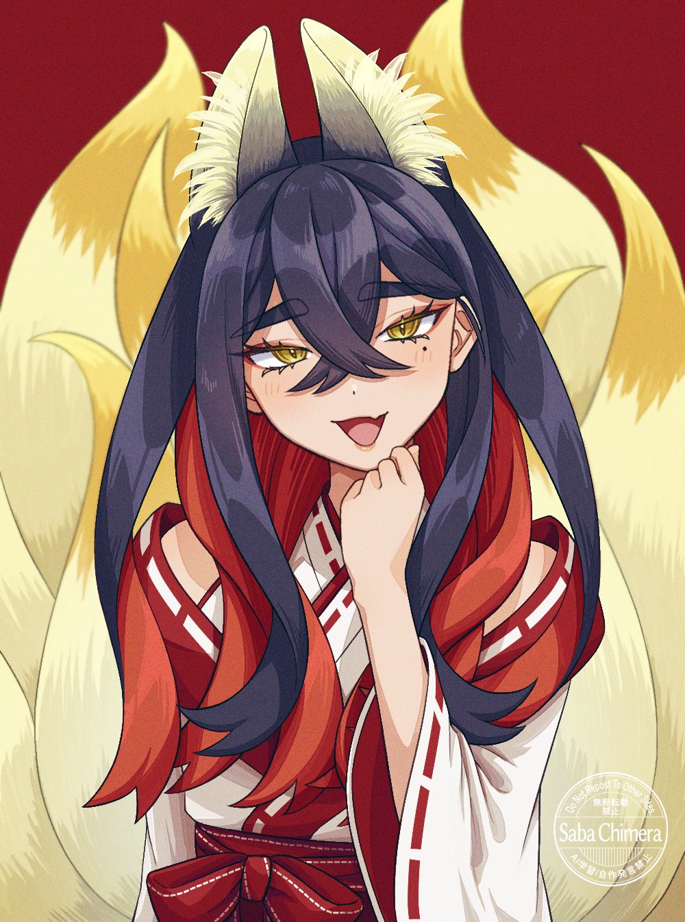 1girl, :d, animal_ear_fluff, animal_ears, black_hair, carmine_(pokemon), colored_inner_hair, commentary, crossed_bangs, eyelashes, fox_ears, fox_girl, gen_1_pokemon, hair_between_eyes, highres, japanese_clothes, kimono, long_sleeves, looking_at_viewer, mole, mole_under_eye, multicolored_hair, multiple_tails, ninetales, nintendo, open_mouth, pokemon, pokemon_scarlet_and_violet, red_background, red_hair, saba_chimera, smile, solo, untranslatable_commentary, tail, two-tone_hair, upper_body, white_kimono, wide_sleeves, yellow_eyes