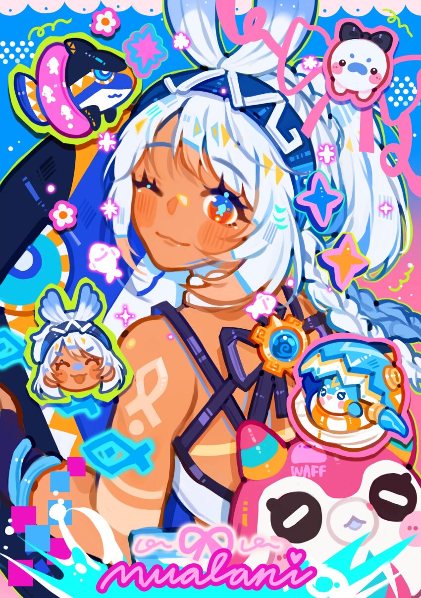 0waff537, 1girl, backpack, bag, blue_background, blue_eyes, blue_hairband, blush