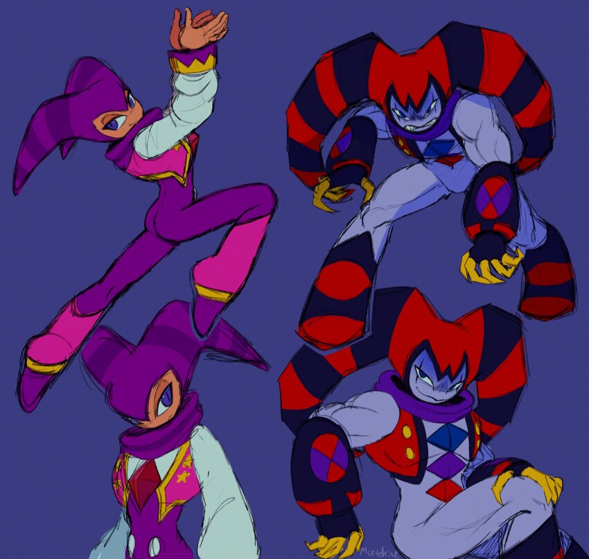 2others, arms_up, chest_jewel, clenched_teeth, colored_skin, crossed_legs, gold_claws, hat