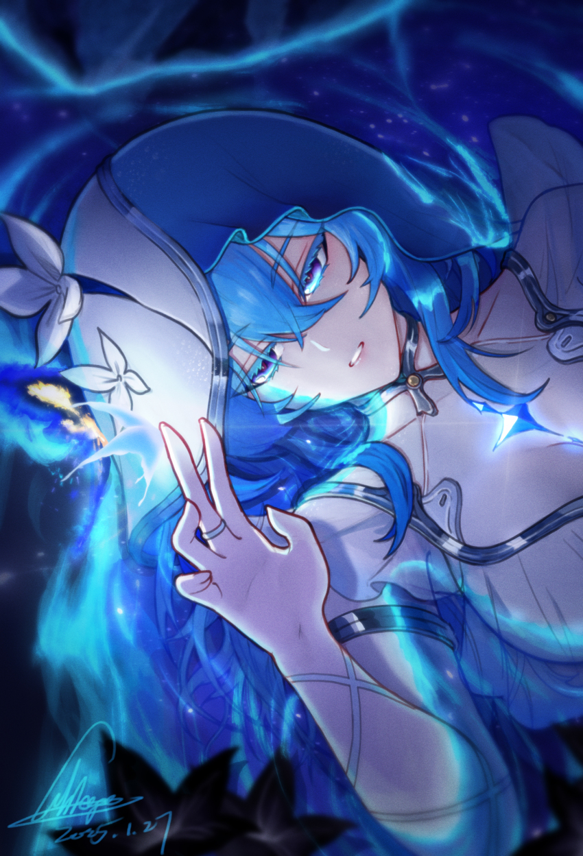 1girl, blue_butterfly, blue_hair, blue_veil, bug, butterfly, butterfly_on_hand, colored_eyelashes