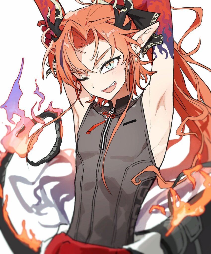 1boy, :d, ;d, aqua_eyes, arknights, armpits, arms_up, bishounen