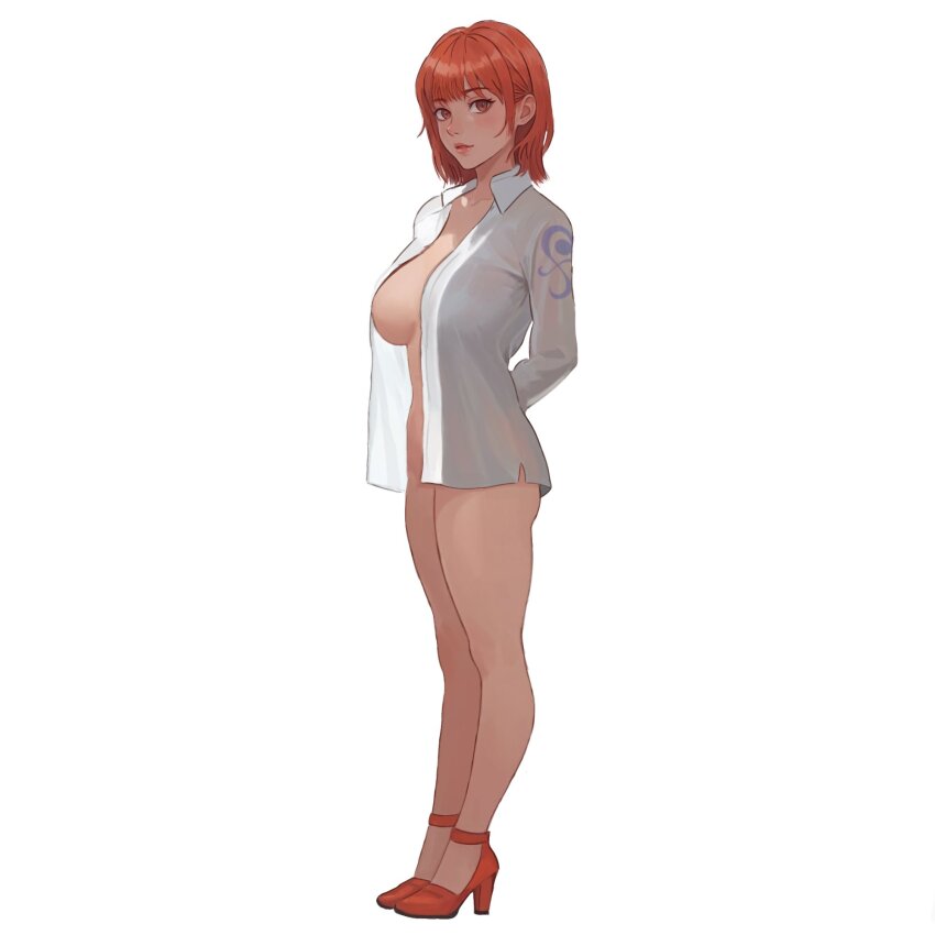 1girl, ai-assisted, arms_behind_back, bare_legs, blush, breasts, brown_eyes, collarbone