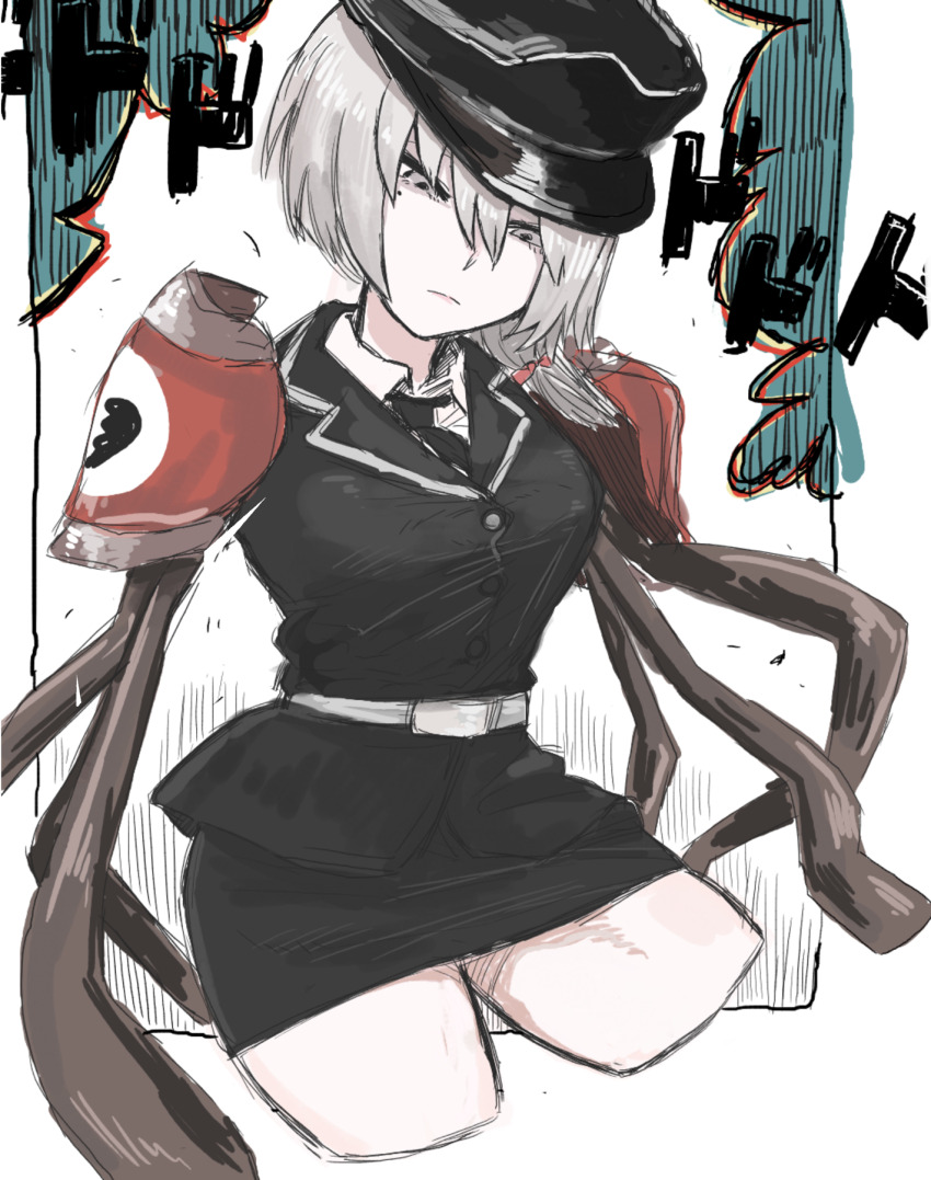 1girl, belt, black_hat, black_jacket, black_necktie, black_skirt, breasts, broken_heart_print