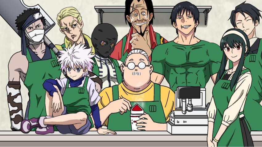 1girl, 6+boys, akaza_(kimetsu_no_yaiba), apron, black_hair, blonde_hair, blue_eyes, chopsticks