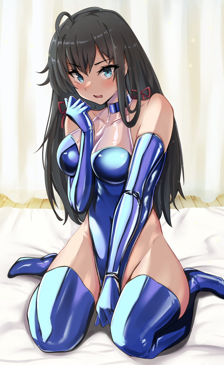 1girl, ahoge, black_hair, blue_choker, blue_eyes, blue_gloves, blue_leotard, blue_thighhighs