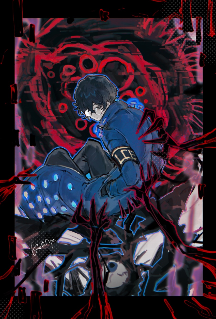 1boy, absurdres, aedd_(e.g.o), armband, black_gloves, black_hair, black_pants, blue_coat, blue_eyes, coat, commentary, distortion_(project_moon), e.g.o_(project_moon), english_commentary, extra_ears, facial_hair, glasses, gloves, grey_eyes, hands_in_pockets, highres, hohenheim_(limbus_company), kalliope_orc, limbus_company, nail_(hardware), pants, project_moon, short_hair, signature, solo, stubble