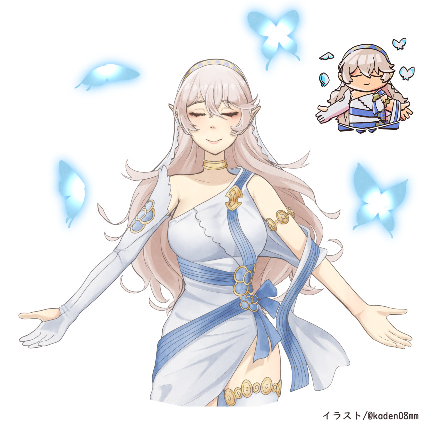 1girl, absurdres, armpit_crease, breasts, chibi, chibi_inset, closed_mouth, commentary_request