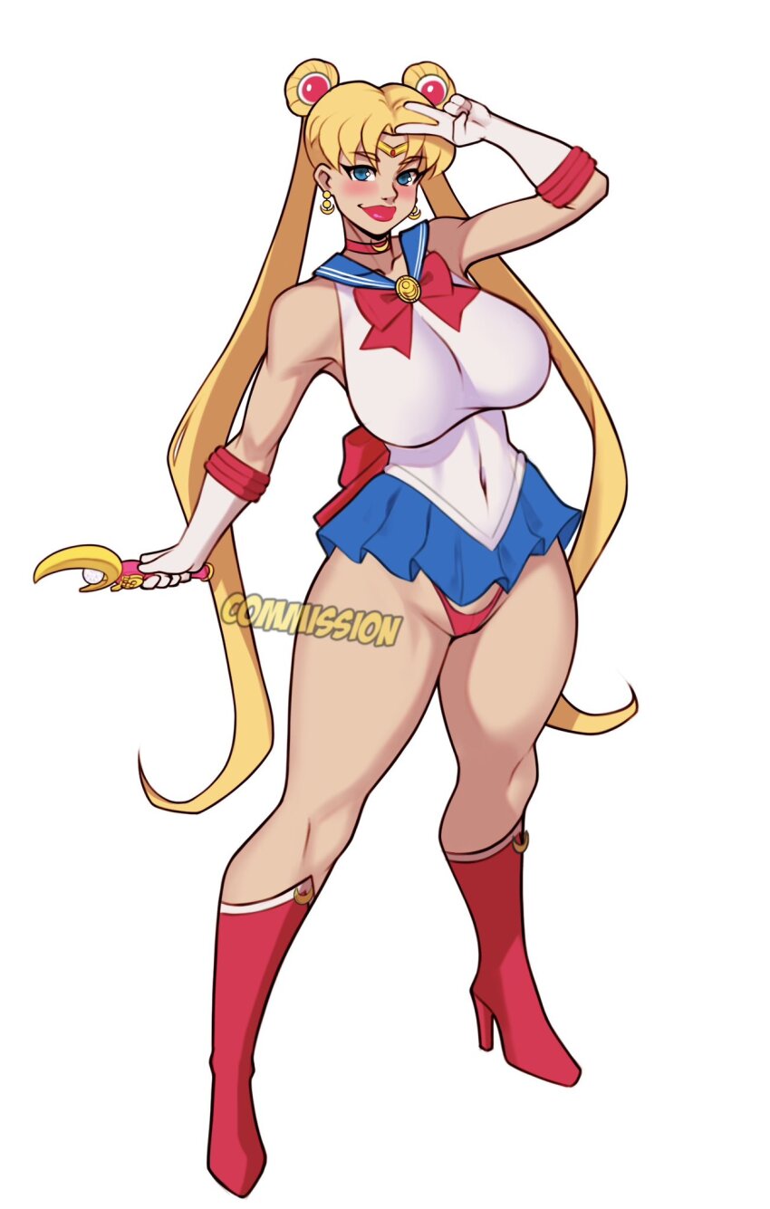 1girl, alternate_breast_size_(larger), bishoujo_senshi_sailor_moon, blonde_hair, blue_eyes, blue_sailor_collar, boots, bow, choker, covered_navel, double_bun, elbow_gloves, gloves, hair_bun, hair_ornament, high_heel_boots, high_heels, highres, jakuson_z, jewelry, long_hair, magical_girl, moon_stick_(sailor_moon), panties, red_boots, red_bow, red_choker, red_lips, red_panties, sailor_collar, sailor_moon, sailor_senshi_uniform, simple_background, solo, thick_thighs, thighs, thong, tsukino_usagi, twintails, underwear, white_background, white_gloves