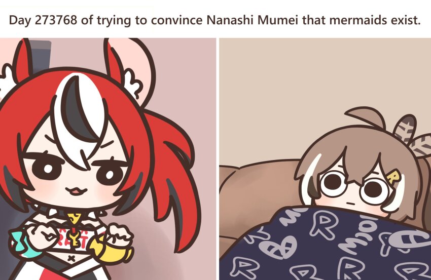 2girls, :3, animal_ears, blanket, bloodymoonia, brown_hair, chibi, couch, feather_hair_ornament, feathers, hair_ornament, hairclip, hakos_baelz, hakos_baelz_(1st_costume), highres, hololive, hololive_english, lying, me_explaining_to_my_mom_(meme), meme, mouse_ears, mouse_girl, multiple_girls, nanashi_mumei, nanashi_mumei_(1st_costume), o_o, on_back, on_couch, open_mouth, owl_girl, parody, red_hair, twintails, under_covers, virtual_youtuber, wide-eyed