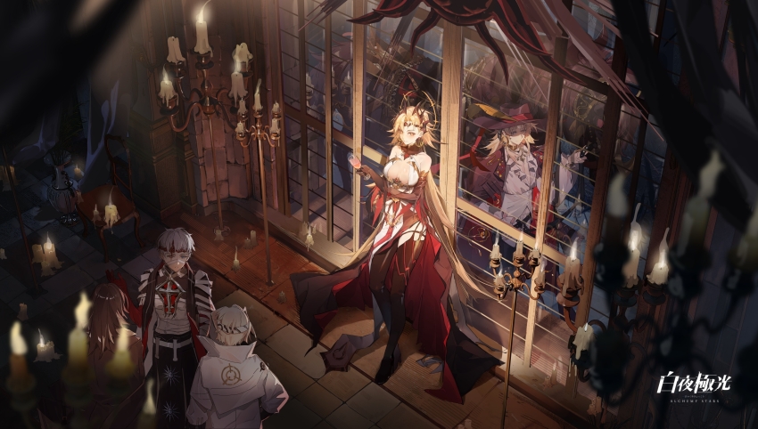1girl, 4boys, absurdres, alchemy_stars, bandages, bare_shoulders, black_footwear, black_gloves, black_pants, blonde_hair, blurry, blurry_foreground, boots, breasts, breasts_apart, brown_hair, candelabra, candle, candlestand, chair, cleavage, coat, coat_on_shoulders, copyright_name, cup, dress, earrings, elbow_gloves, faust_(alchemy_stars), gloves, hat, hat_feather, headband, heterochromia, highres, holding, holding_cup, horse, jewelry, loftcat, long_hair, maid_headdress, medium_breasts, multiple_boys, nails_(alchemy_stars), navigator_(alchemy_stars), official_art, pants, pelvic_curtain, red_coat, shirt, short_hair, sleeveless, sleeveless_dress, solo_focus, standing, thigh_boots, vase, victoria_(alchemy_stars), white_coat, white_hair, white_shirt, wilhelm_(alchemy_stars), window, yellow_eyes