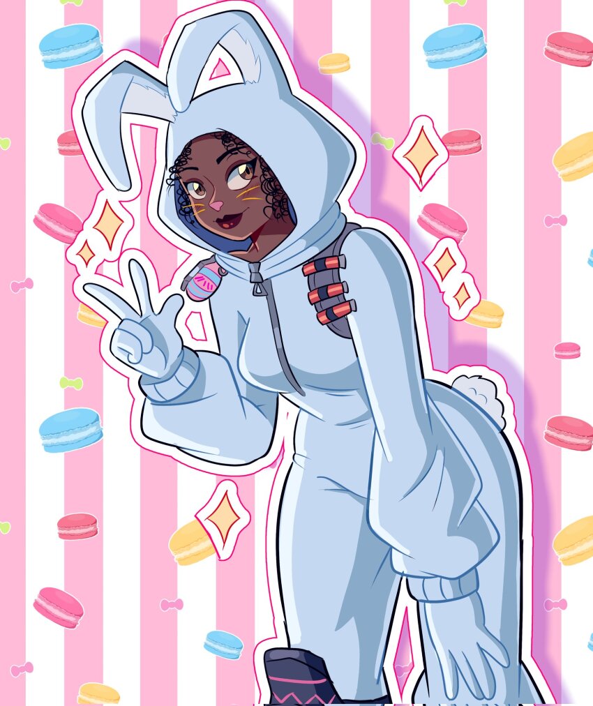 1girl, animal_costume, animal_ears, black_hair, breasts, brown_eyes, bunny_brawler_(fortnite), curly_hair, dark-skinned_female, dark_skin, food, fortnite, highres, macaron, manysart1, rabbit_costume, rabbit_ears, solo, v