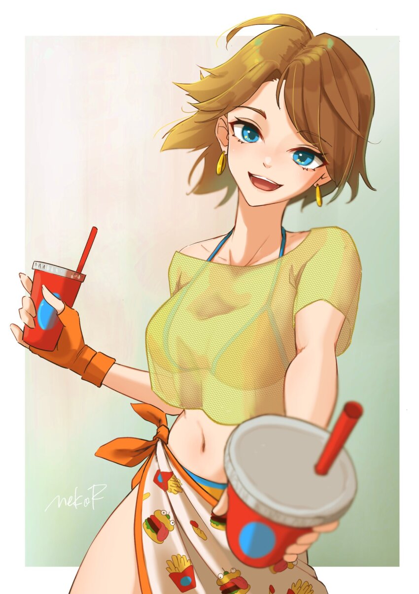 1girl, bikini, blue_eyes, breasts, brown_hair, cup, earrings, fortnite