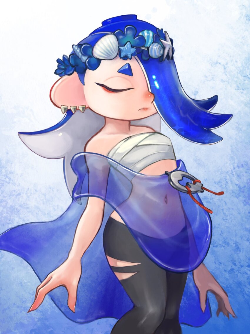 1girl, arms_at_sides, black_pants, blue_background, blue_hair, blue_shawl, chest_sarashi, closed_mouth