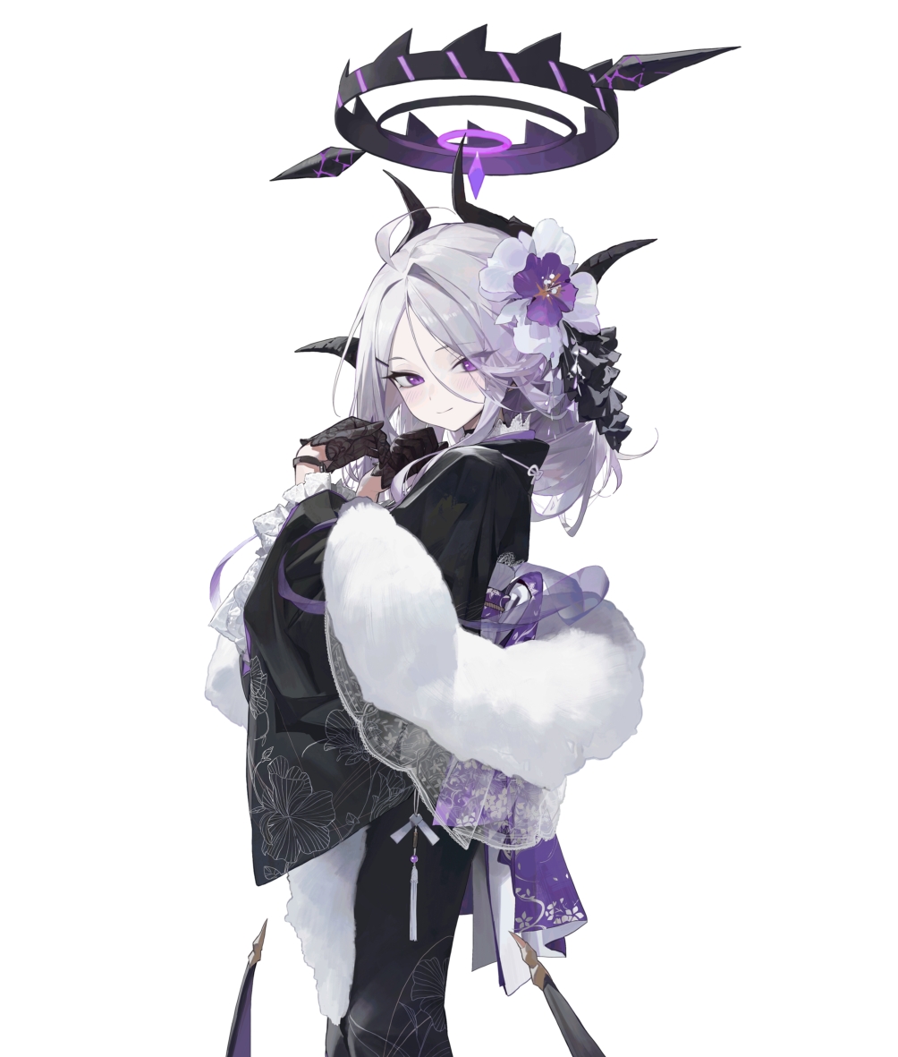 1girl, ahoge, alternate_costume, alternate_hairstyle, back_bow, black_gloves, black_halo, black_horns