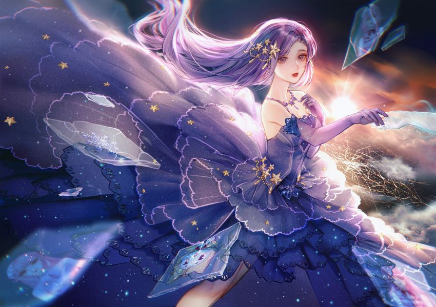 1girl, absurdly_long_hair, astar0w0, bare_shoulders, breasts, circle_skirt, cleavage, cloud