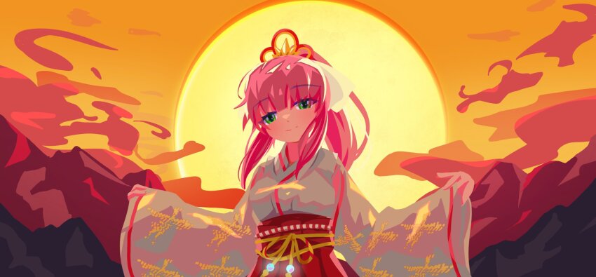 1girl, aikawa_megumi, aikawa_megumi_(heart-stirring_flame), cloud, cloudy_sky, dawn, evanhehehe, green_eyes