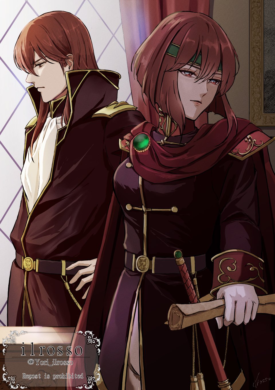 1boy, 1girl, black_coat, brother_and_sister, cape, closed_mouth, coat, curtains