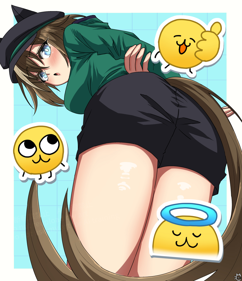 1girl, absurdres, animal_ears, arms_behind_back, ass, bent_over, blue_eyes, blush