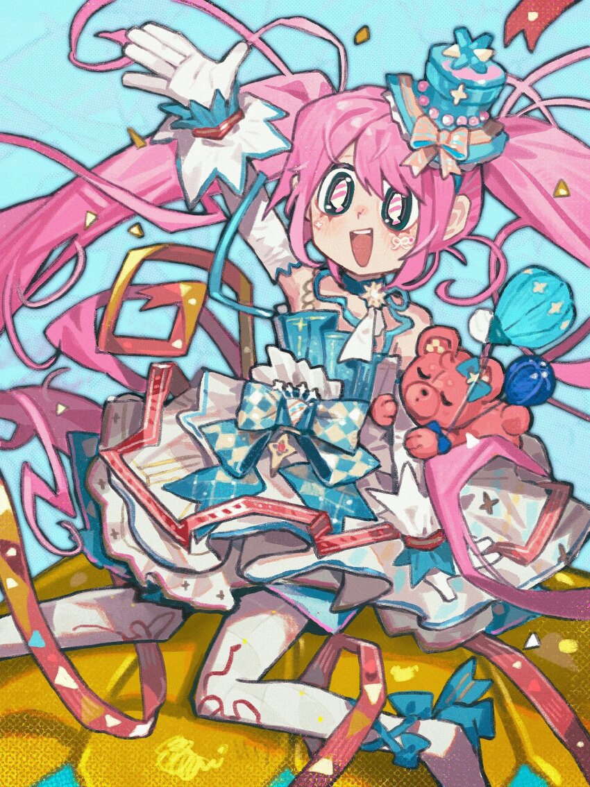 1girl, absurdres, ankle_bow, ankle_ribbon, arm_up, bare_shoulders, blue_background, blue_bow