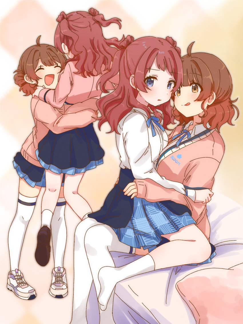 2girls, :d, :q, ahoge, averting_eyes, bed_sheet, blazer, blue_eyes