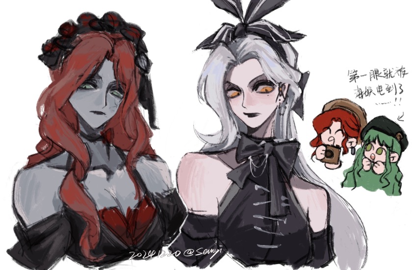 4girls, aderinna_(infinity_nikki), annoyed, artist_name, asymmetrical_bangs, banshee_(infinity_nikki), bare_shoulders, beret