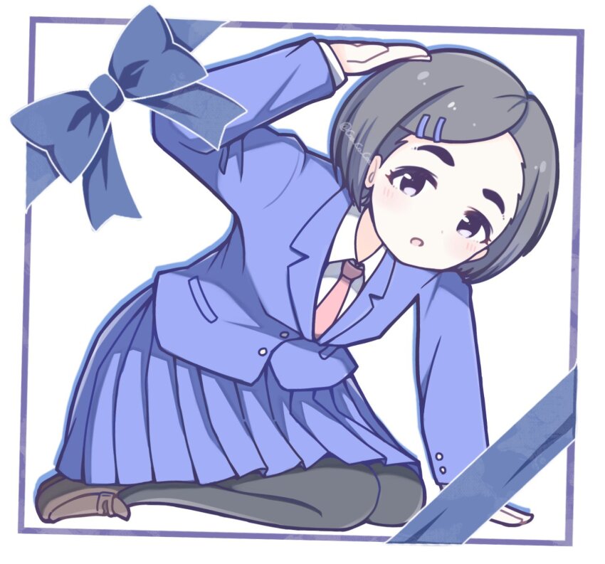 1girl, arm_support, arm_up, black_hair, black_pantyhose, blue_bow, blue_jacket, blue_skirt