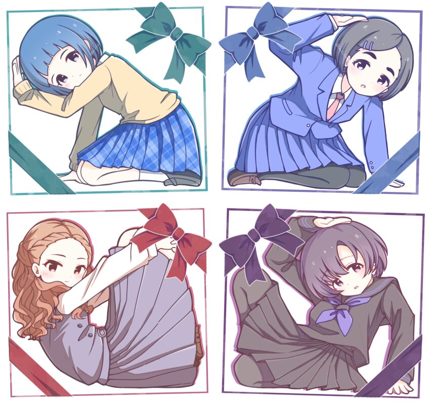 4girls, absurdres, arched_bangs, arm_support, arm_up, belt, belt_buckle, black_footwear, black_hair, black_pantyhose, black_sailor_collar, black_serafuku, black_shirt, black_skirt, blue_bow, blue_dress, blue_hair, blue_jacket, blue_neckerchief, blue_skirt, blush, bow, breasts, brown_eyes, brown_footwear, brown_hair, buckle, buttons, closed_mouth, coa_co_coa, collar, collared_shirt, dot_nose, dress, eyelashes, forehead, from_side, full_body, green_bow, hair_ornament, hairpin, highres, hugging_own_legs, idolmaster, idolmaster_cinderella_girls, idolmaster_cinderella_girls_starlight_stage, jacket, kneeling, large_forehead, leg_up, light_blush, loafers, long_hair, long_sleeves, looking_at_viewer, looking_to_the_side, matsuo_chizuru, multiple_girls, neckerchief, necktie, okazaki_yasuha, open_mouth, pantyhose, parted_bangs, parted_lips, pinafore_dress, pleated_skirt, pocket, purple_bow, purple_eyes, red_bow, red_necktie, sailor_collar, school_uniform, seki_hiromi, serafuku, shiragiku_hotaru, shirt, shoes, short_hair, sidelocks, simple_background, skirt, sleeveless, sleeveless_dress, small_breasts, socks, straight_hair, stuck, sweater, thick_eyebrows, twitter_username, wavy_hair, white_background, white_collar, white_socks, yellow_sweater
