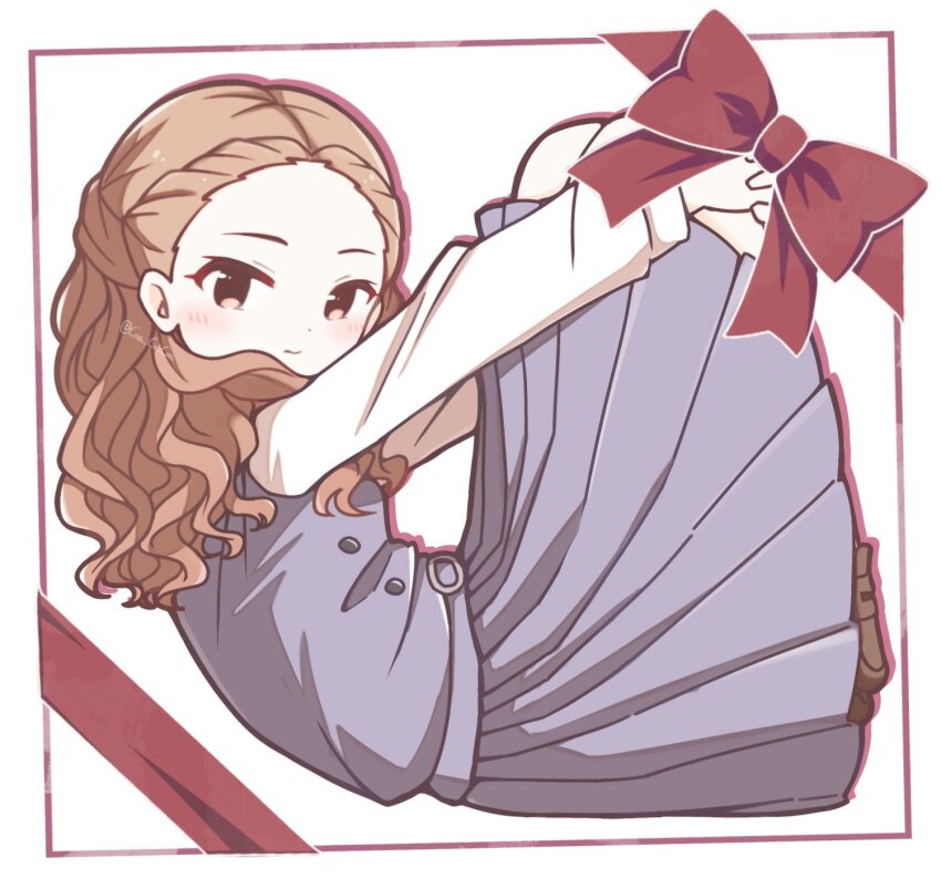 1girl, belt, belt_buckle, blue_dress, bow, breasts, brown_eyes, brown_hair