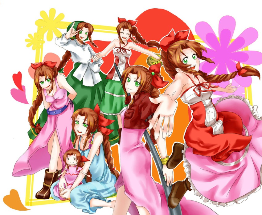 00s, 1990s_(style), 1girl, \m/, aerith_gainsborough, bad_id, bad_pixiv_id, barefoot