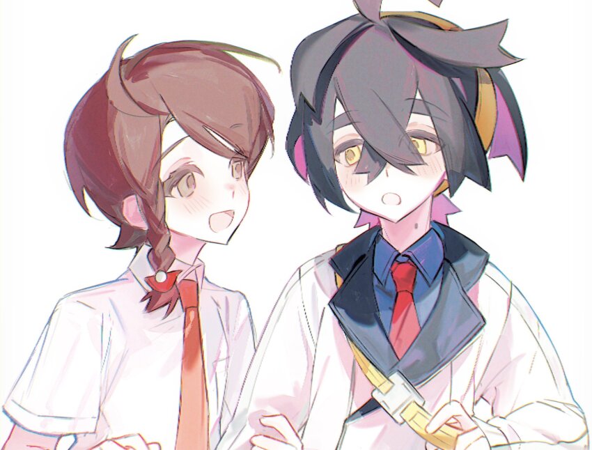 1boy, 1girl, black_hair, blue_shirt, blush, brown_eyes, brown_hair, collared_shirt