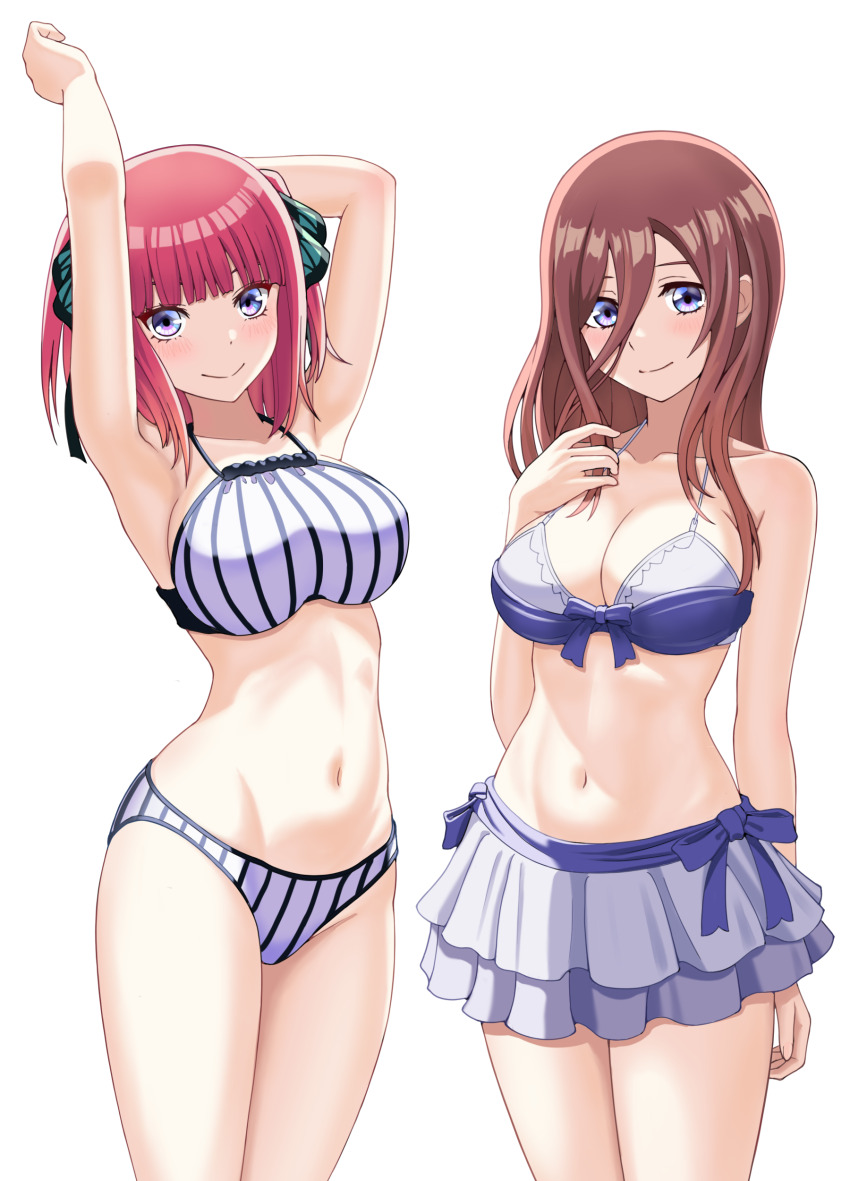 2girls, absurdres, armpits, arms_up, bikini, bikini_skirt, blue_bikini, blue_eyes